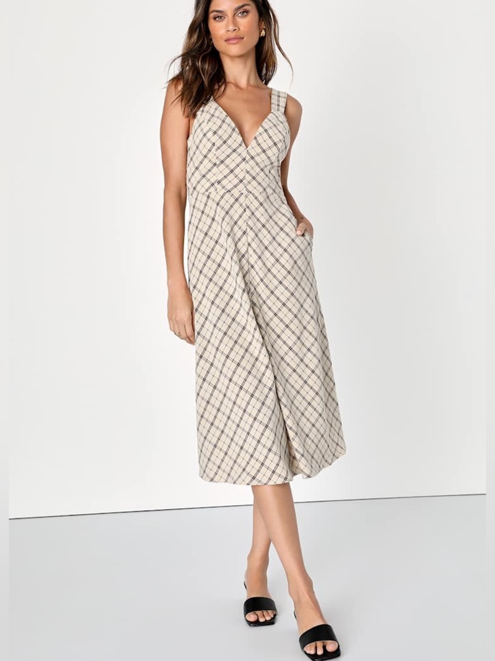 Lulu's Cream Plaid Midi Dress